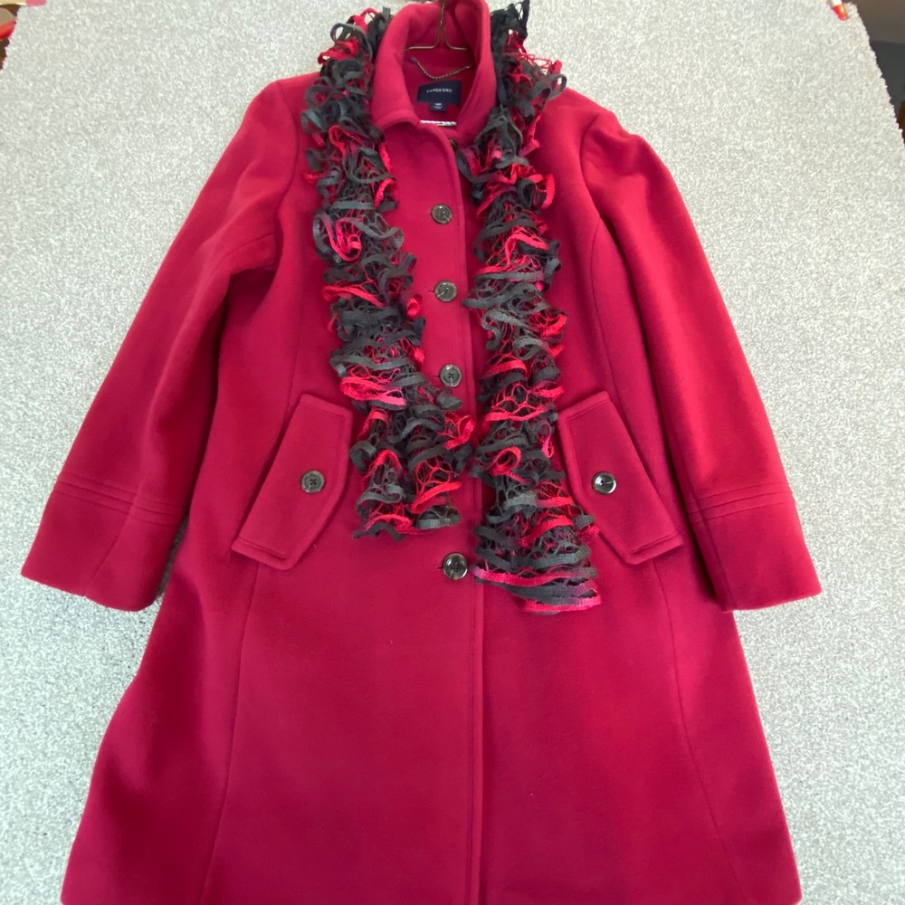 Lands End Womens‎ Red Wool Blend Coat Button Front Long Sleeve Petite Size 14P
